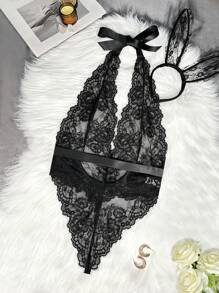 2 件套女士蕾丝内衣服装（连体裤和头饰） - 黑色 - 查看 7