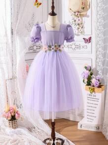 SHEIN Glamorique Kids Vestido blanco de princesa de novia para niña joven con cinturón floral en la cintura, vestido esponjoso de fiesta de manga corta, vestido ligero de niña de las flores para vacaciones