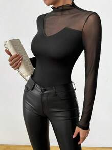 Chiquease Áo thun nữ cổ đứng tay dài lưới bất đối xứng - màu đen - Xem 5