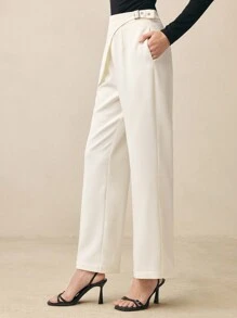 BizChic Women's White Non-Matching Metal Buckle Design Business Pants, Spring & Summer - Apricot - View 5