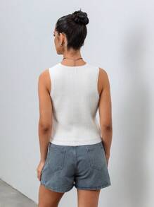 SHEIN Unity 女士 V 领纯色休闲修身不对称下摆春夏针织上衣 - 白色 - 查看 2