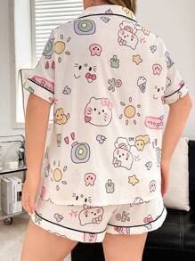 SHEIN 大码趣味卡通云朵印花柔软睡衣套装 - 米色 - 查看 3