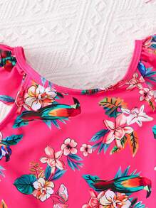 SHEIN Young Girls' Ruffle Trim One-Piece Swimsuit - Red - View 3