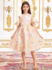 SHEIN Leap Crew Tween Girl Elegant Open Shoulder Patterned Short Sleeve Dress, Ramadan - Baby Pink - View 5