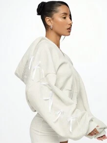 SUMWON WOMEN Luxury Cropped Zip-Up Hoodie With Elegant Bow Details On Sleeves, Streetwear Fashion Statement Piece, Perfect For Dance, Athleisure And Casual Wear