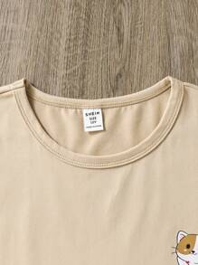 Tween Girls' Short Sleeve Casual Round Neck T-Shirt With 3 Heart Cat Graphic