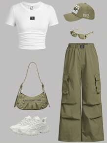2pcs/Set Tween Girl Casual Crewneck Pullover T-Shirt With Letter Pattern Waist Pleated And Cargo Pants - Army Green - View 1