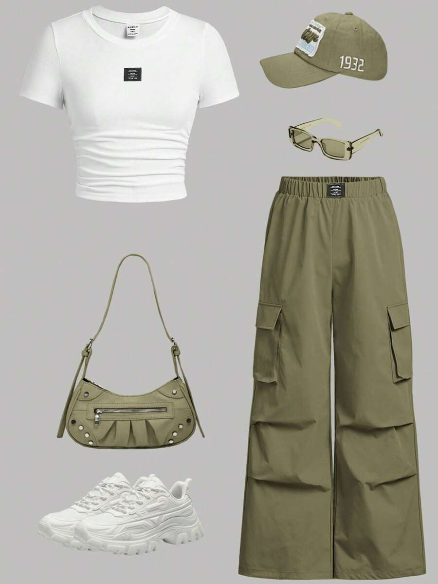 2pcs/Set Tween Girl Casual Crewneck Pullover T-Shirt With Letter Pattern Waist Pleated And Cargo Pants - Army Green - View 1
