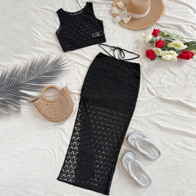 Set di maglietta lavorata a maglia/uncinetto e gonna con orlo spaccato, stile bohÃ©mien, per donne in vacanza, adatto per festival musicali