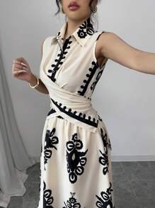 Rafferiza 女士优雅度假交叉裹身上衣和裙子 2 件套 - 杏色 - 查看 4