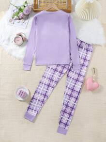 2pcs/Set Teen Girls Purple Minimalist Fashion Letter Print Long Sleeve Top And Plaid Leggings Snug Fit Loungewear - Purple - View 2