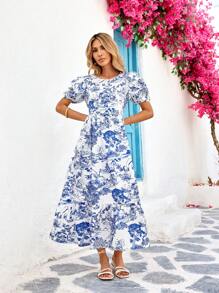 Vivid Eden Woven Print Short Sleeve Fitted Women's Mid-Calf Dress,Pastel Dresses For Women,Vacation Style - Blue and White - View 7