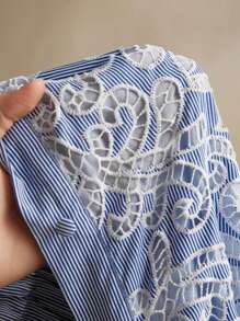 Anewsta 女士优雅度假蓝色蕾丝镂空腰带口袋直筒连体裤适合节日、外出、度假 - 藍色 - 查看 8