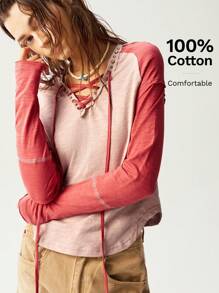 Bohemela Boho Women's Fitted V-Neck Knit Color Block Long Sleeve Top, Casual - Coral Pink - View 2
