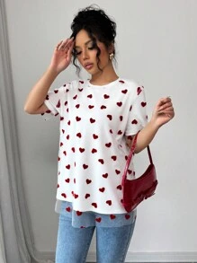 Chiquease Valentine's Day Date , Mesh & Heart Layered Loose Short Sleeve T-Shirt - White - View 4