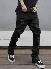 Manfinity Homme Plus Size Men's Denim Pockets Distressed Skinny Casual Pants - Black - View 1