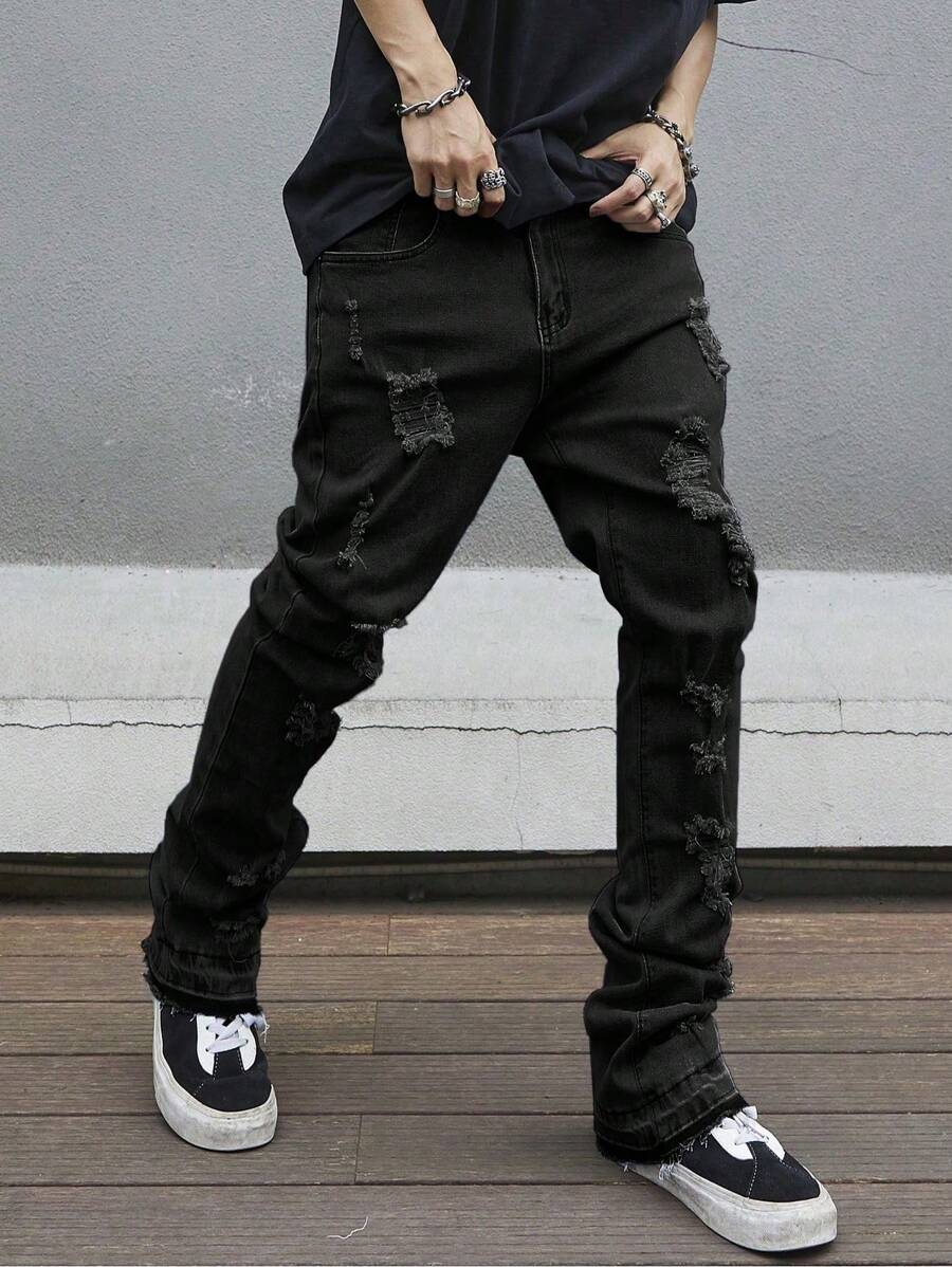 Manfinity Homme Plus Size Men's Denim Pockets Distressed Skinny Casual Pants - Black - View 1