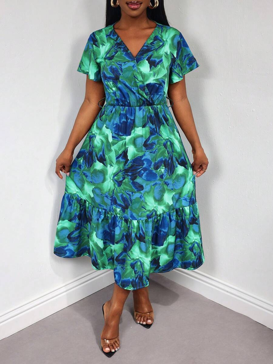 SHEIN LUNE Women V-Neck Printed Pattern Short Sleeve Dress - Multicolor - View 1