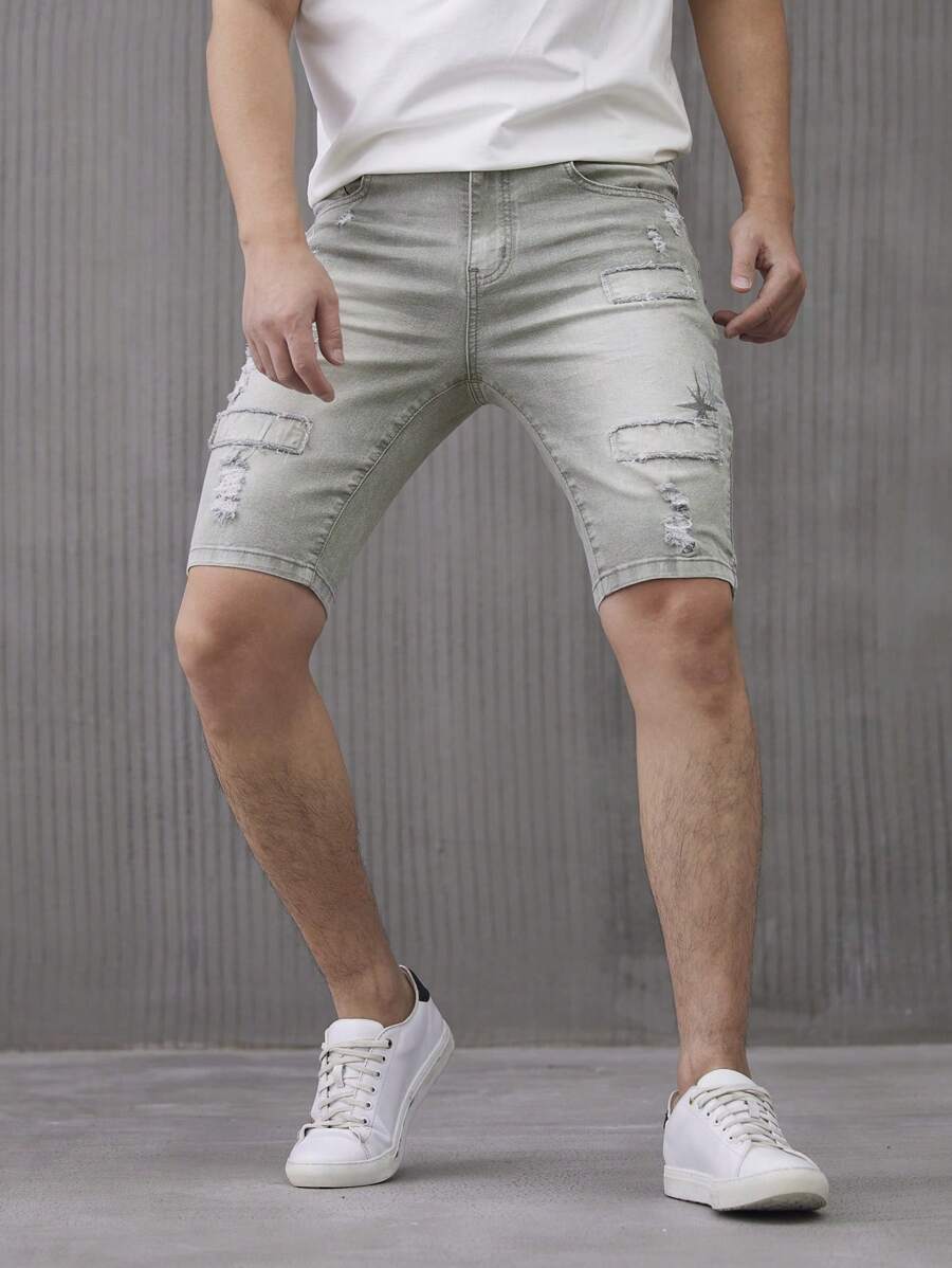 Manfinity Homme Men's Casual Plain Ripped Pocket Denim Shorts - Grey - View 1