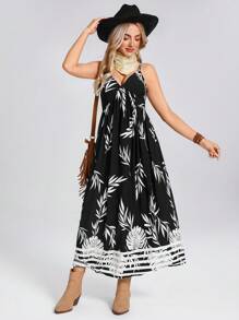 SHEIN LUNE Summer Vintage American Music Festival Tropical Vacation Beach Sleeveless Palm Leaf Print Dress - Black - View 5
