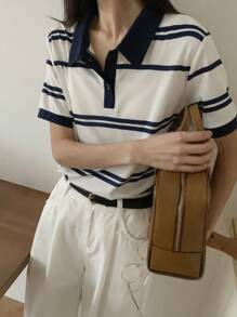 DAZY Maglietta casual a maniche corte con colletto polo, a blocchi di colore e righe per le donne