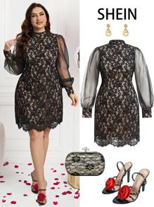 SHEIN Clasi 大码女式黑色网眼玫瑰蕾丝透明衬里连衣裙，情人节女式连衣裙优雅连衣裙浪漫连衣裙女士夏季连衣裙女士夏季连衣裙优雅女士连衣裙女士春季连衣裙 - 黑色 - 查看 7