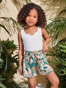 2 件套少女套装：纯色针织吊带背心和编织碎花短裤 - 彩色 - 查看 5