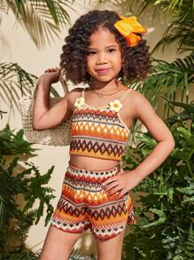 2pcs/Set Young Girl Knit Tank Top And Shorts Set - Multicolor - View 1
