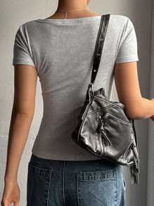 Dazy Star Women Front Button Short Sleeve Casual Top, Everyday Wear Preppy Tops - Light Grey - View 5