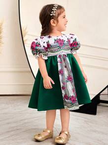 SHEIN Baby Girl Colorblock Floral Print Puff Sleeve Dress - Green - View 6