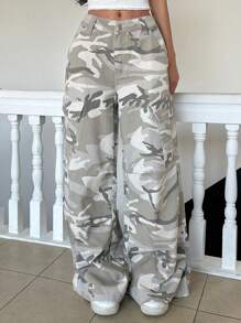 DAZY 宽松迷彩直筒女式休闲工装牛仔裤 - 杏色 - 查看 3