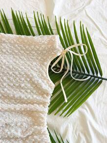 Soleia 女士度假米色针织泡泡纹理不对称肩带腰部修身衬衫，适合派对、约会、城市街道、公路旅行、夏季海滩度假 - 杏色 - 查看 3