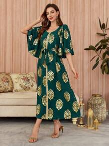 Al Najma Women's Solid Color Patchwork Print Casual Long Arabian Dress Kaftan Jalabiya Dress - Green - View 4
