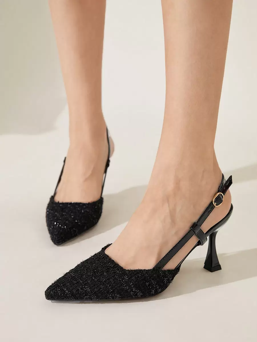 CUCCOO CHICEST Fashion Black Thick Tweed Backstrap Pointed Toe High Heel Pumps, Suitable For Commuting, Dates, Gatherings, Parties, Holidays, Weddings - Black - View 1