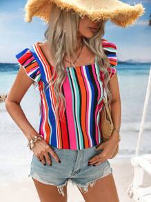 SHEIN VCAY Blus Wanita Lengan Pendek dengan Ikatan Depan dan Garis Merah Warna-warni, Musim Panas, Boho, Pantai, Liburan, Liburan Tropis Bohemian, Karnaval Hari Valentine, dan Pesta Rave - MultiWarna - View 4
