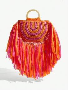 SHEIN SXY Dames, Dames Handtas met Handvat, Strozak, Modieus, Elegant, Eenvoudig, Gepersonaliseerd, Veelzijdig, Vlechten, Kwastjes, Stro, Veelkleurig, Voor Strand, Vakantie, Zomer, Aan Zee