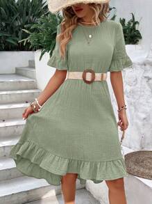 EMERY ROSE Solid Flounce Sleeve Ruffle Hem Dress Without Belt,Sage Green Dress,Pastel Dresses For Women