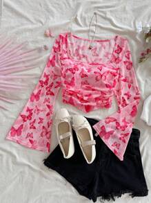 Soleia Blouse pour femmes, vacances, romantique, Saint-Valentin, col carré rose, plissée, manches évasées, teinture, impression papillon, filet