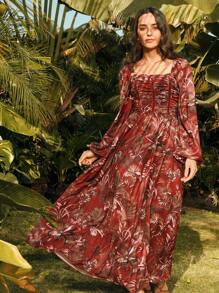 Anewsta Vestido largo elegante de flores de campana rojo ladrillo para mujer, para primavera/verano, vacaciones - Burdeos - Ver 3