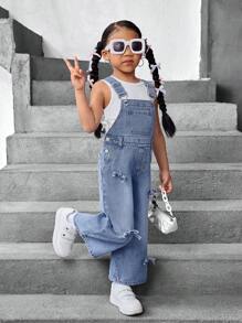 SHEIN Young Girl Blue Denim Overalls With Bow Design - Light Wash - View 4