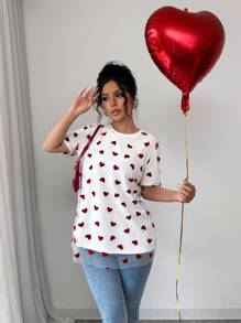 Chiquease Valentine's Day Date , Mesh & Heart Layered Loose Short Sleeve T-Shirt - White - View 6