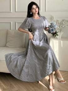 DAZY 女士优雅荷叶边袖 A 字中长连衣裙太阳裙，婚礼礼服 - 藍色 - 查看 3