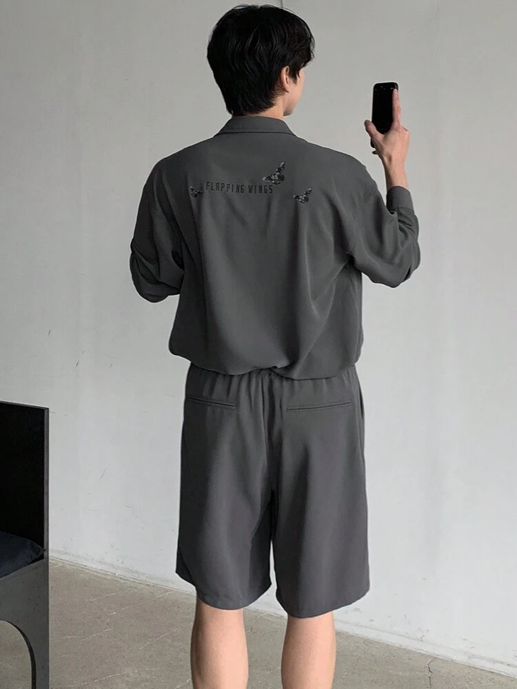 Grey Casual Letter Printed Men's Shirt Set, Autumn