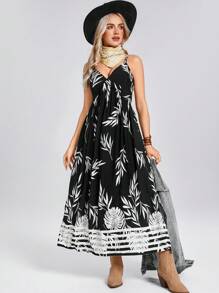SHEIN LUNE Summer Vintage American Music Festival Tropical Vacation Beach Sleeveless Palm Leaf Print Dress - Black - View 2