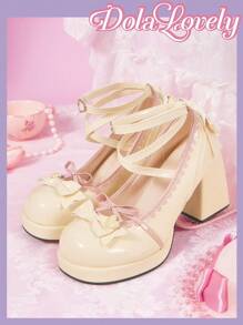 Dola Lovely 女士休闲时尚防滑粗跟厚底蓝色可爱卡哇伊蝴蝶结高跟鞋