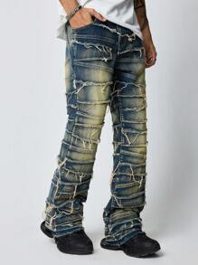 ROMWE MEN Grunge Punk Men's Grunge Button Front Pocket Frayed Edge Patchwork Casual Jeans