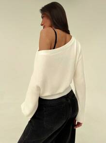 Aloruh Pullover holgado de punto con hombros oblicuos y flores 3D en beige, romántico para salidas, otoño/invierno