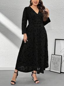 Firerie Plus Size Women Elegant Floral Olive Green Soft Mesh Print Loose A-Line Midi Dress, Comfortable For Casual Outings, Dates, Vacation - Black - View 3
