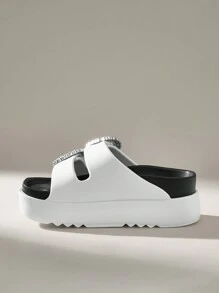 Solecia Women's Thick Bottom Rhinestone Buckle Design Wedge Slide Sandals Spring Break Easter For Casual Beach Style - White - View 4