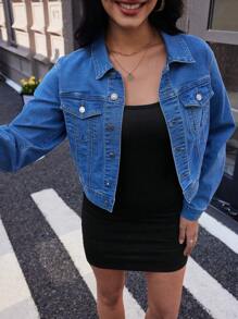 SHEIN Essnce 女士时尚休闲长袖单排扣牛仔夹克 - 中等水洗藍 - 查看 1